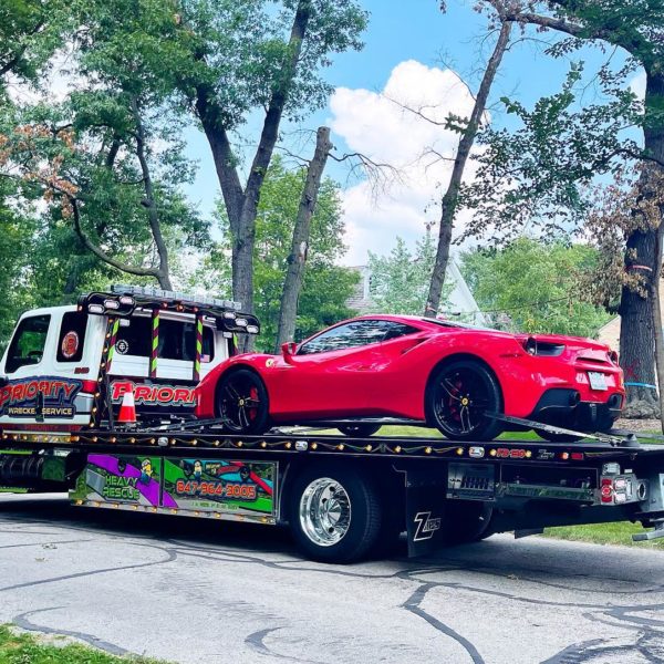 luxury car towing, classic, ferrai, flatbed, batavia, il, chicago suburbs, priority wrecker service inc