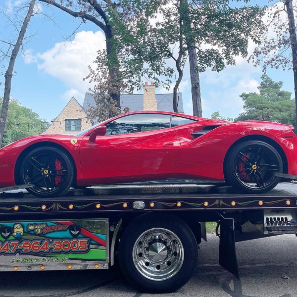 luxury car towing, soft straps, ferrari, batavia, il, chicago suburbs, priority wrecker service inc